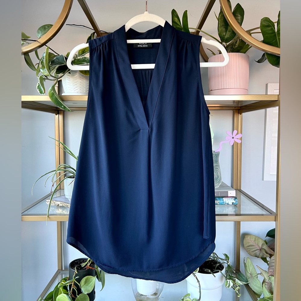 Vici Navy Sleeveless V-Neck Blouse